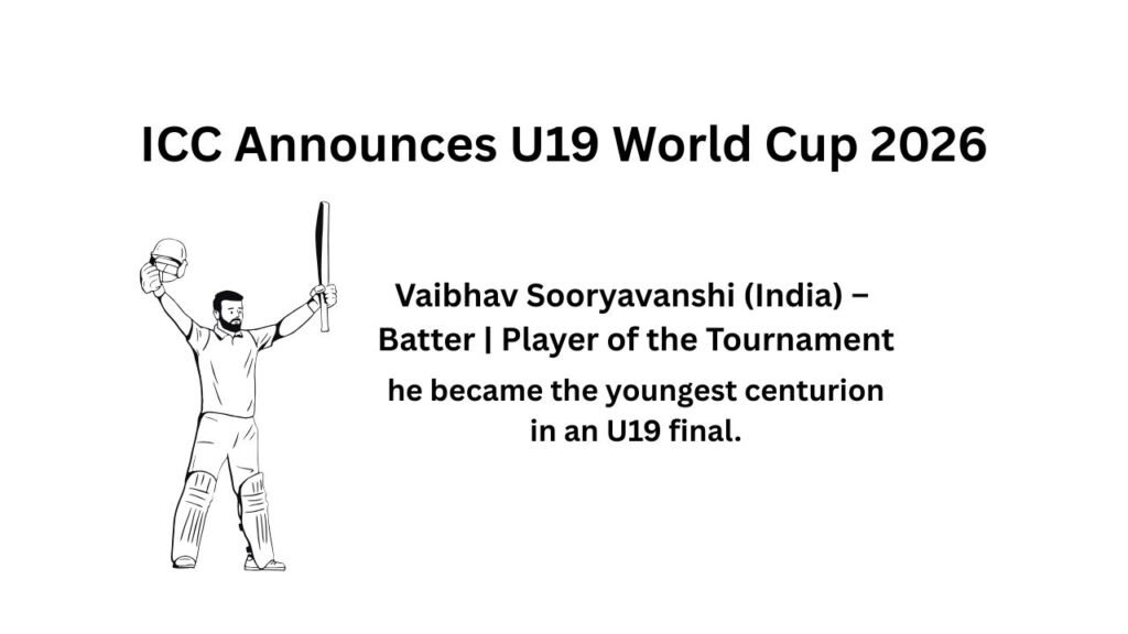 Vaibhav Sooryavanshi, U19 World Cup 2026 Player of the Tournament, celebrates with bat and helmet.