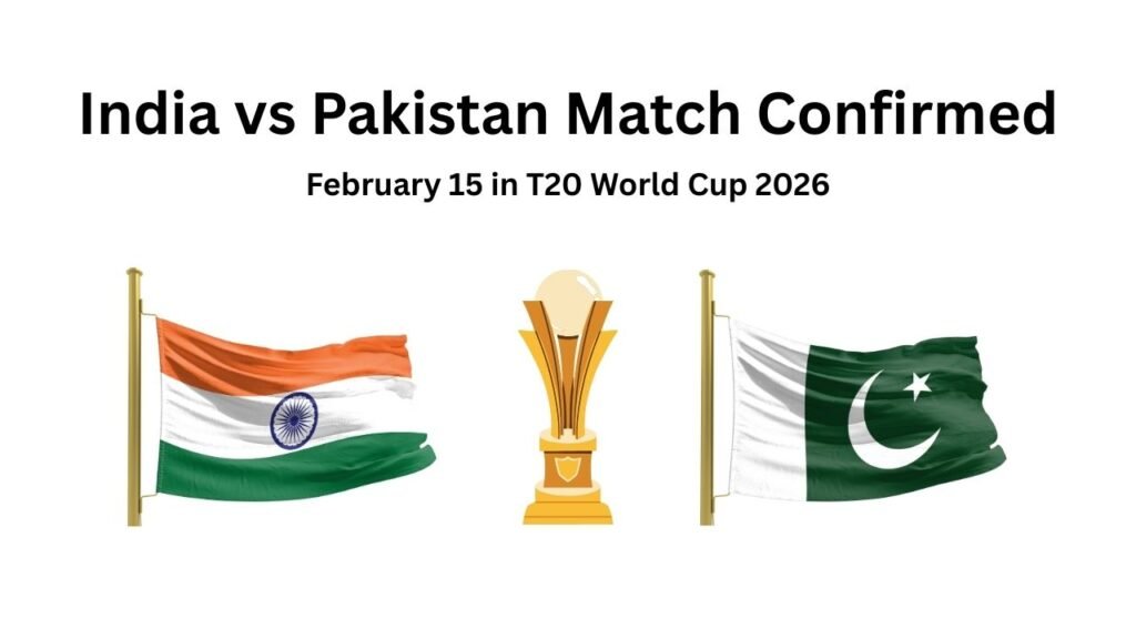 India vs Pakistan T20 World Cup 2026 match confirmed, flags and trophy. February 15, 2026.