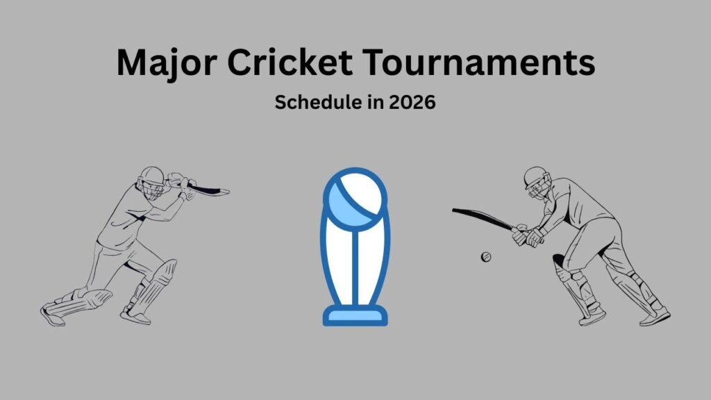Major Cricket Tournaments 2026 schedule graphic with cricketers and a trophy icon.