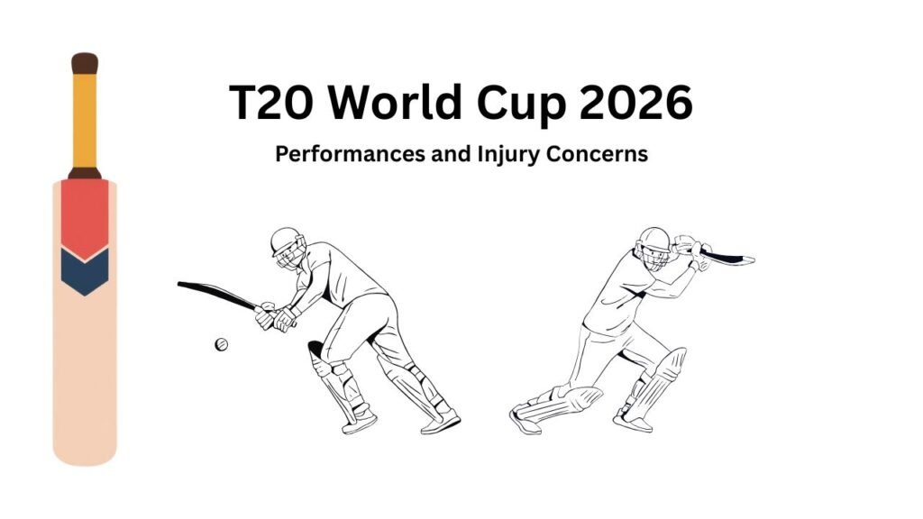 T20 World Cup 2026: Cricket bat and two batsmen in action. Performances and injury concerns.